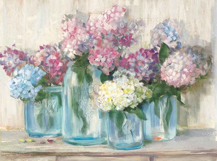 Hydrangeas in Glass Jar Pastel Crop by Carol Rowan art print