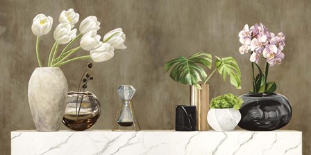 Floral Setting on White Marble by Jenny Thomlinson art print