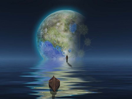 Man With Boat On Water Surface Before the Terraformed Moon by Bruce Rolff/Stocktrek Images art print