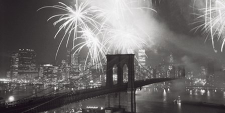 Fireworks over the Brooklyn Bridge art print