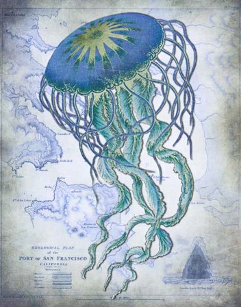 Jellyfish On image of Nautical Map by Fab Funky art print