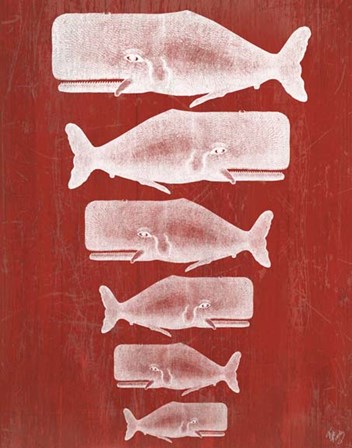 Whale Family White On Red by Fab Funky art print