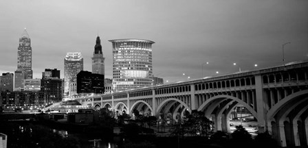 Bridge in a city lit up at dusk, Detroit Avenue Bridge, Cleveland, Ohio by Panoramic Images art print