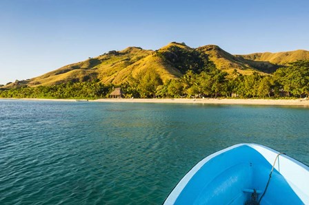 Blue boat cruising through the Yasawa, Fiji, South Pacific by Michael Runkel / DanitaDelimont art print