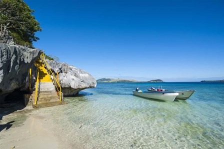 Little motorboats anchoring before the Sawa-I-Lau Caves, Yasawa, Fiji, South Pacific by Michael Runkel / DanitaDelimont art print