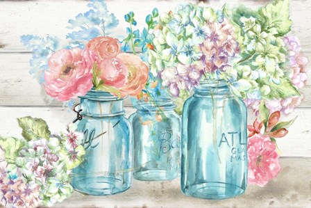 Colorful Flowers in Mason Jar Landscape by Tre Sorelle Studios art print